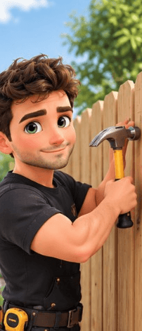 Handyman cartoon fixing a wooden fence